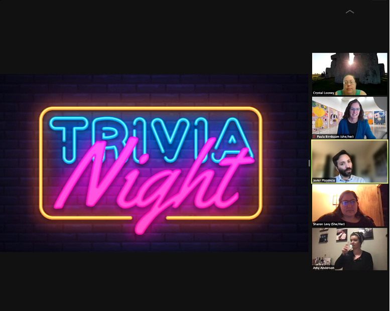 A neon inspired design that reads "Trivia Night."  Participants sit in an adjacent Zoom video window.  