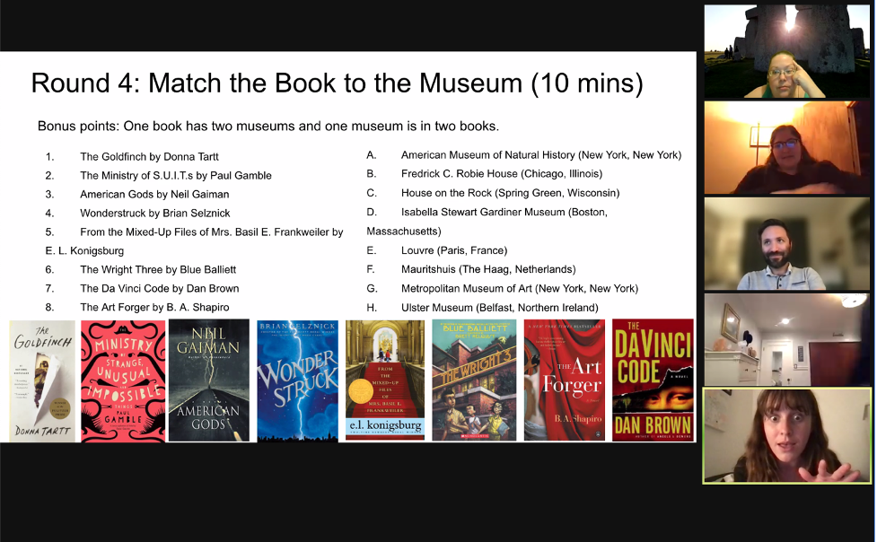 A screengrab of one of the trivia night  rounds in which players match the title of the book to the museum in which the book took place.